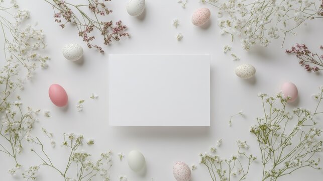 Easter-themed blank white card mockup surrounded by small Easter eggs and delicate flowers on the edges, white background, top view