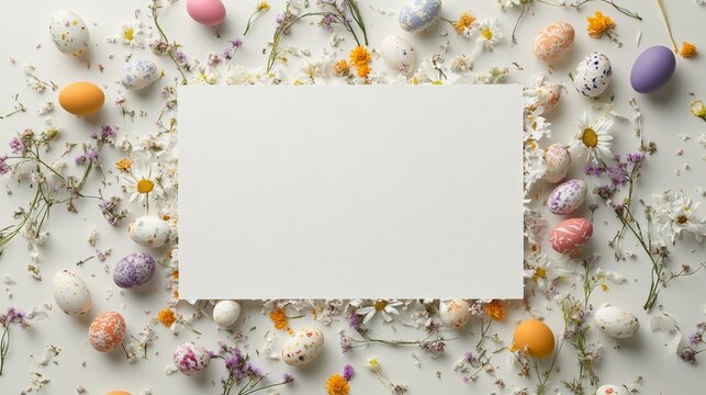 Easter-themed blank white card mockup surrounded by small Easter eggs and delicate flowers on the edges, white background, top view