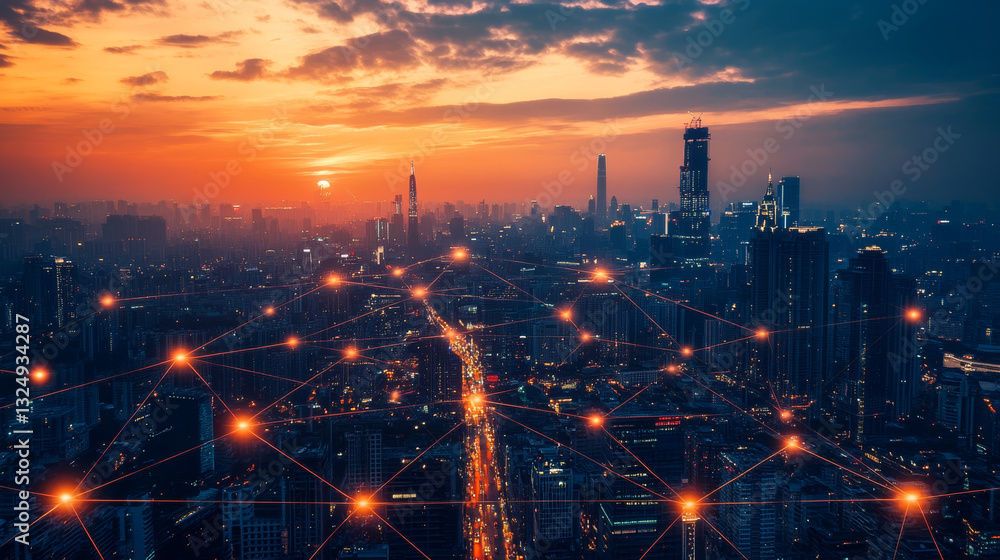 Poster artificial intelligence looking at smart city, connected with planet through global mobile internet 