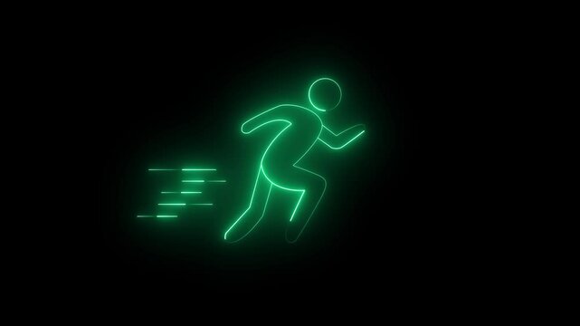 Pictogram of a running man on black background , Running neon sign appear in center and disappear after some time.