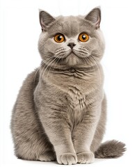 Naklejka premium A fluffy gray cat with striking orange eyes sitting against a white background.