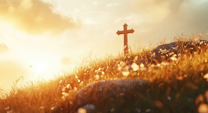 Sunlit Cross Overlooking Hilltop: A Faith-Focused Outdoor Scene Capturing Spiritual Essence and Natural Beauty