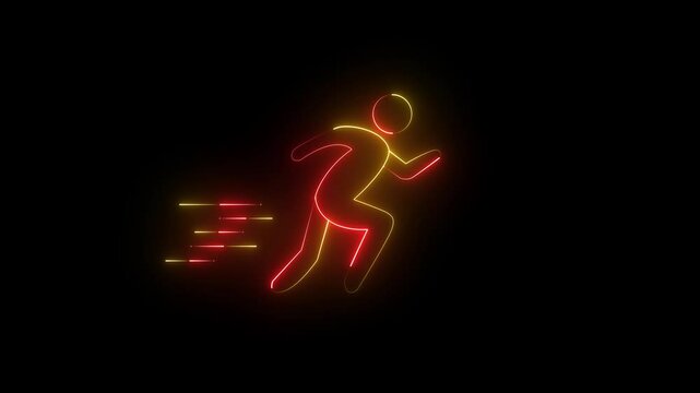 Pictogram of a running man on black background , Running neon sign appear in center and disappear after some time.