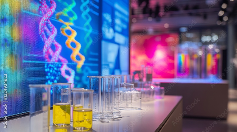 Poster Colorful liquids are displayed in various glass, containers while digital screens showcase genetic data and molecular structures in a modern laboratory setting focused on AI advancements in biology.