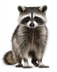 Fototapeta premium A cute raccoon with fluffy fur standing upright against a white background.