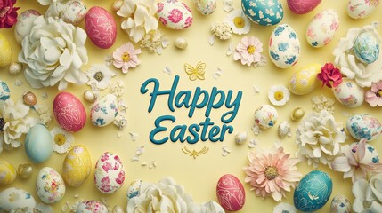 modern Easter card design with Happy Easter in elegant calligraphy, surrounded by pastel-colored eggs and floral patterns on a soft yellow background