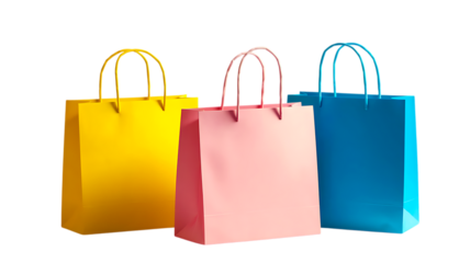 Colorful Shopping Bags: A trio of vibrant shopping bags in yellow, pink, and blue, each boasting a clean, modern design, beckoning buyers to fill them with their purchases