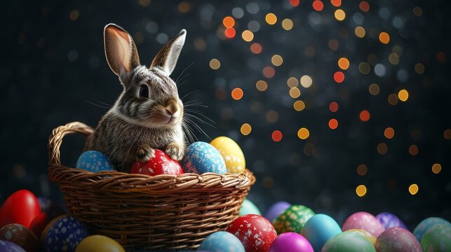 abstract Colorful Easter eggs in basket and rabit on black technology background with light 