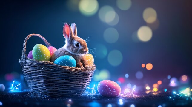 abstract Colorful Easter eggs in basket and rabit on black technology background with light 