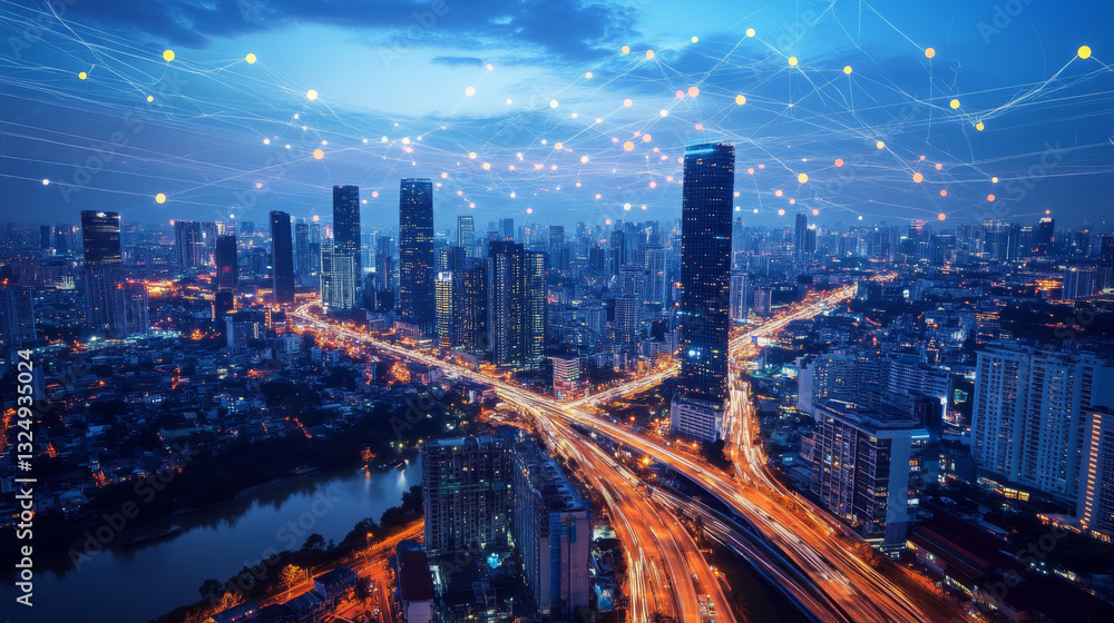 Poster artificial intelligence looking at smart city, connected with planet through global mobile internet 