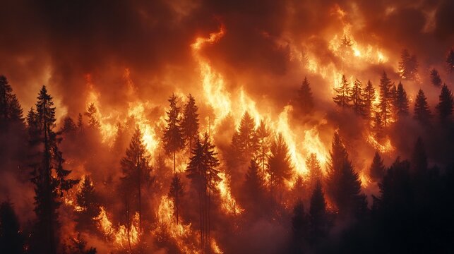 Climate crisis wildfires burning forest intense flames engulfing dry trees thick smoke rising catastrophic natural disaster due global warming environmental destruction ultra realistic fire details