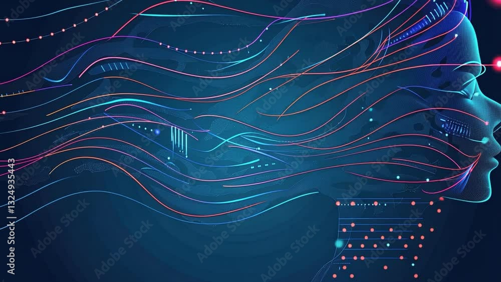 Poster abstract digital vdo with flowing lines and dots in vibrant colors on dark background movement and c