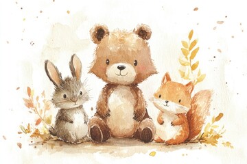 Charming Timberland Critters. Watercolor Illustration Featuring Adorable Baby Bear, Fox, Squirrel, Bunny, and Hedgehog