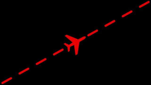 Flying airplane icon animation on black background.Airplane line path animation, air plane flight route with start point, Airplane Running on Dash Track with black Background.