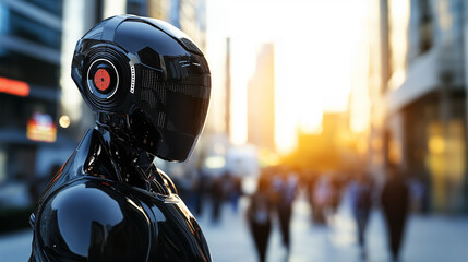 Fototapeta premium Black futuristic humanoid robot standing in a modern cityscape with people in the background. 
