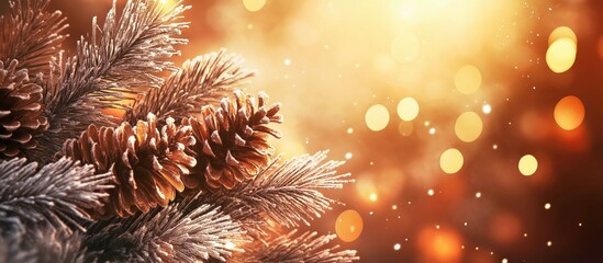 Festive layout surrounded by snow-covered pine branches and pine cones, decorations and warm bokeh lights. Ideal for Christmas or New Year designs.
