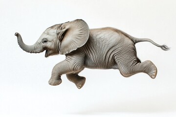 Obraz premium A baby elephant in mid-air, trunk raised, against a white background. Playful, lighthearted image of an African elephant calf.