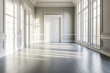 An airy room with ash grey wood floors and pristine white doors, highlighted by sunlight from panoramic windows
