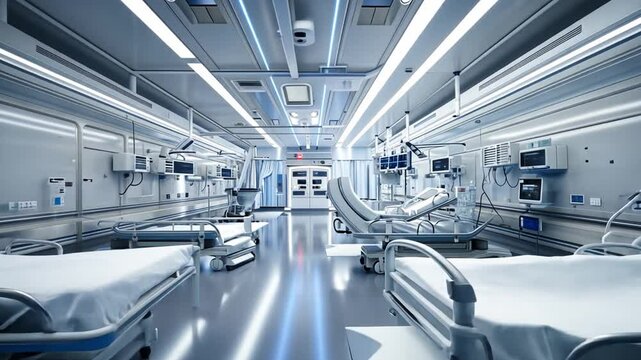 Modern Hospital Room with Advanced Medical Equipment and Empty Beds, Featuring Clean, Sterile Environment and Futuristic Design, Well Lit with Overhead Lights and Monitors Ready for Use