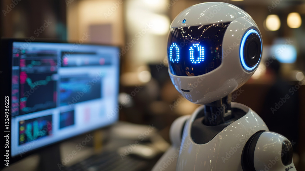 Aufkleber robot trading on stock market. artificial intelligence of forex broker with analyzing business chart