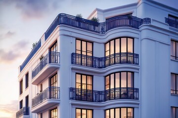 An apartment building showcasing classic Art Deco architecture with crisp white walls and midnight blue metal balconies