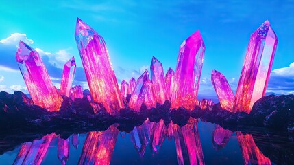 A surreal alien landscape filled with prismatic crystal formations glowing with vibrant pink and purple light
