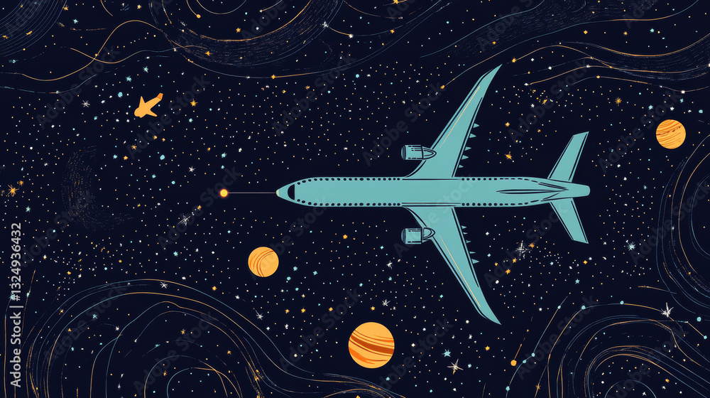 Poster abstract image of a airliner top view in the form of a starry sky or space, consisting of points, li