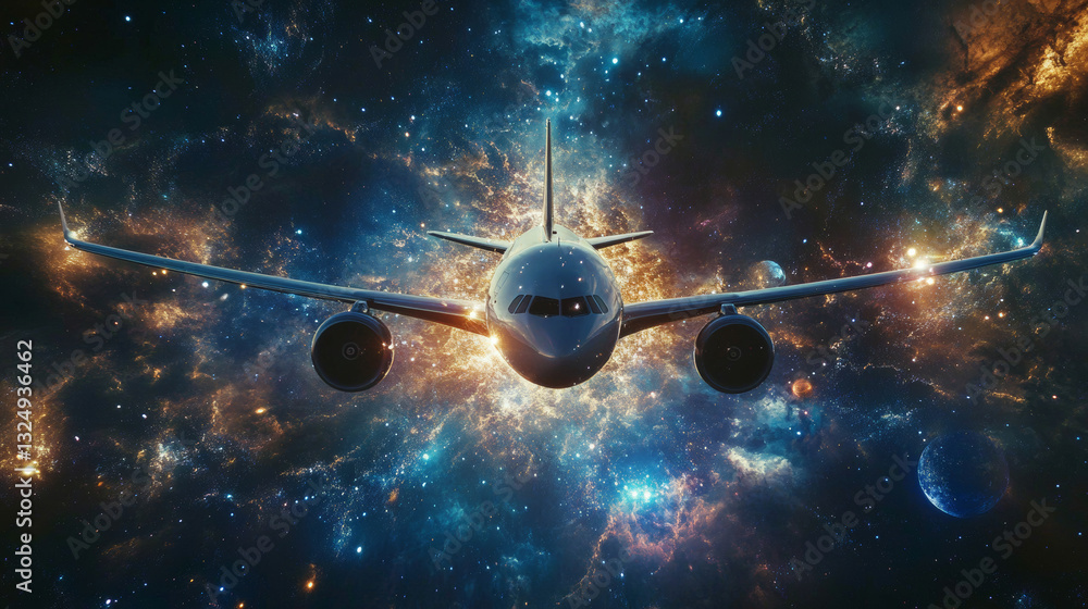 Poster abstract image of a airliner top view in the form of a starry sky or space, consisting of points, li