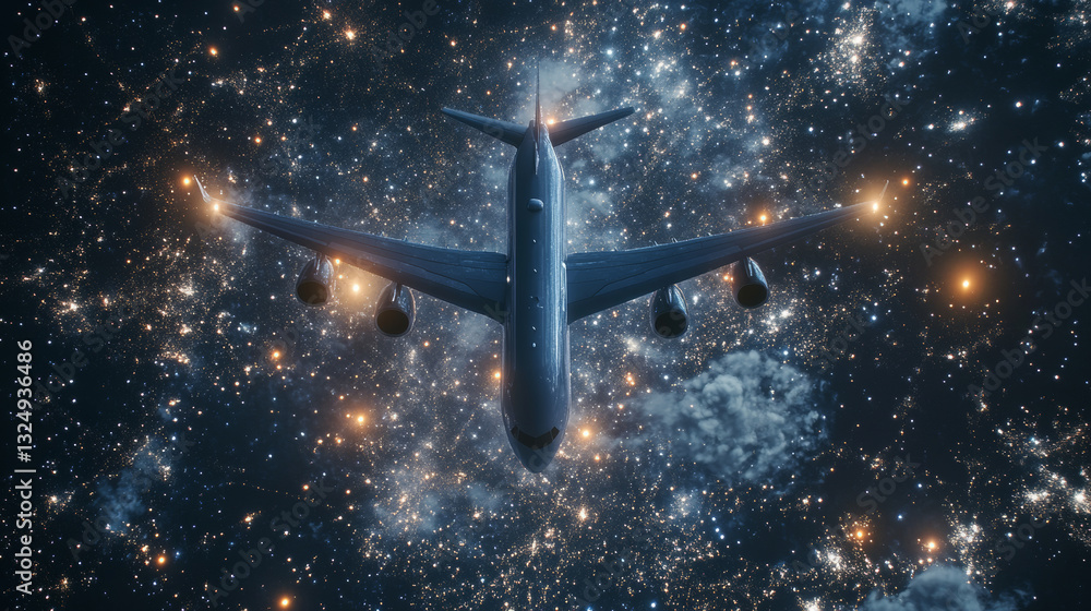 Poster abstract image of a airliner top view in the form of a starry sky or space, consisting of points, li