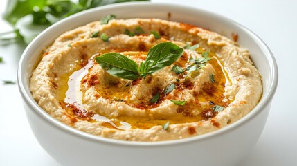 Bowl with tasty hummus on white background