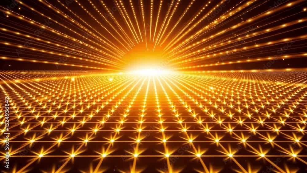 Poster radiant burst of golden light creates futuristic grid pattern with glowing abstract landscape, evoki