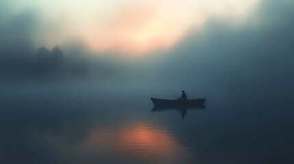 A solitary person rows a boat through heavy morning fog