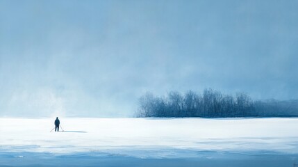A solitary figure stands on a vast expanse of snow covered land