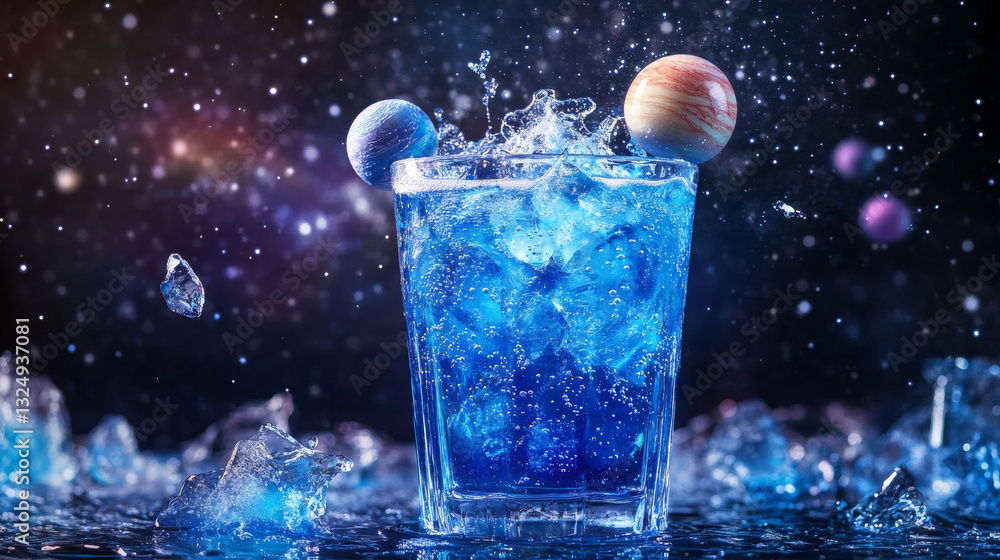 Poster abstract of a glass of drink ice with splash in the form of a starry sky or space, consisting of poi