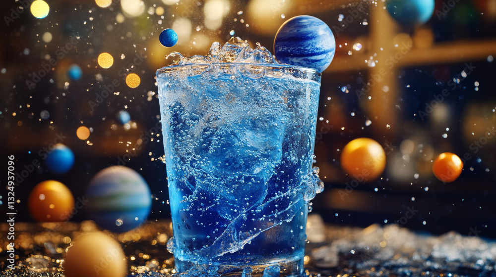 Poster abstract of a glass of drink ice with splash in the form of a starry sky or space, consisting of poi