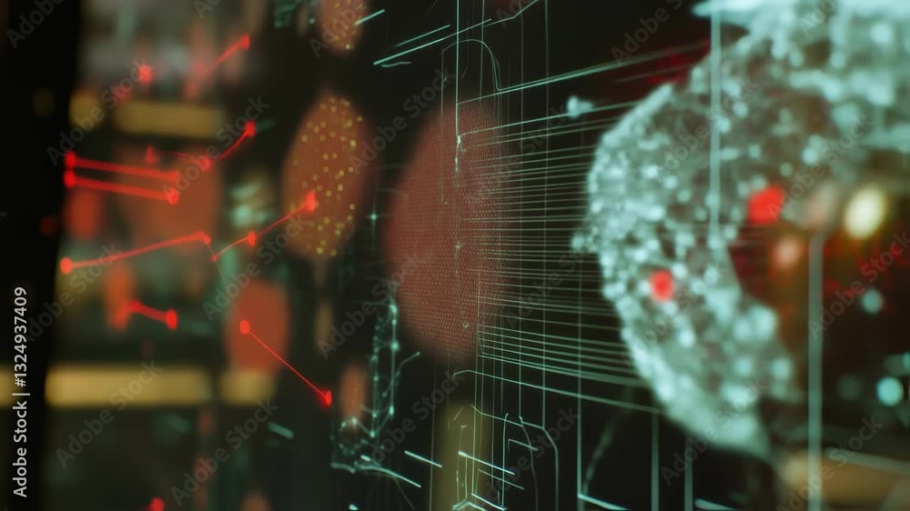 Poster complex data streams and connections are visualized on a vibrant digital display, showcasing an inno