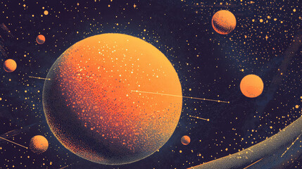 Fototapeta premium Abstract image of a orange in the form of a starry sky or space, consisting of points, lines, and shapes in the form of planets, stars and the universe. Fruit orange segments vector wireframe