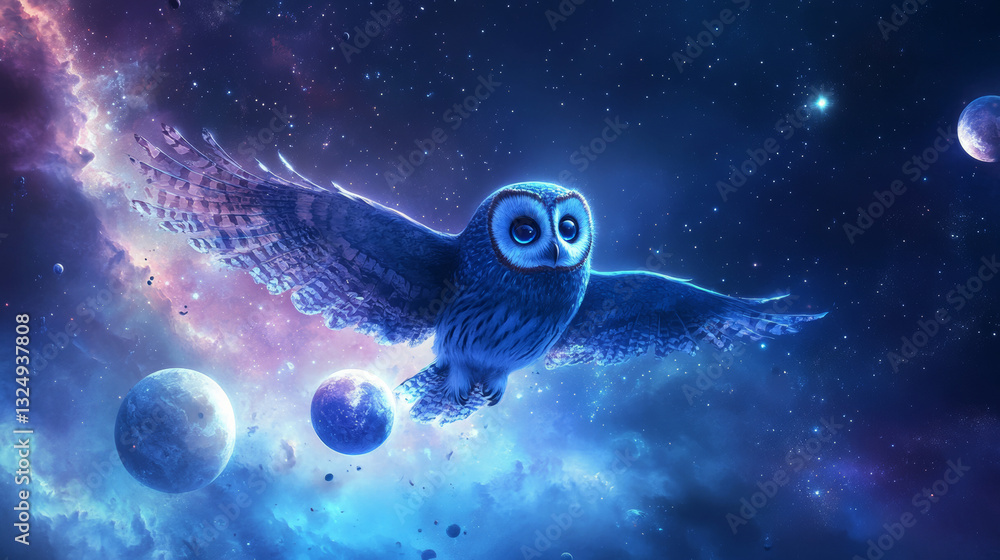 Poster abstract image owl bird in the form of a starry sky or space, consisting of points, lines, and shape