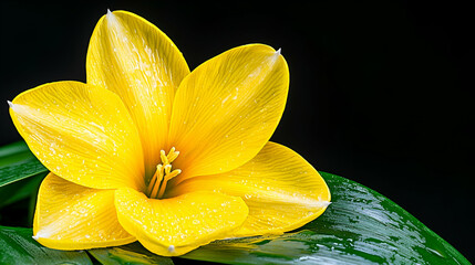 Fototapeta premium Bright Yellow Flower with Dew Drops on Dark Background, Beautiful Floral Close-Up, Perfect for Nature and Botanical Illustrations