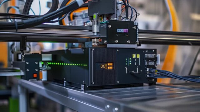 Modern power supply unit featuring integrated circuits and led indicators, displaying operational status during testing in an advanced manufacturing environment