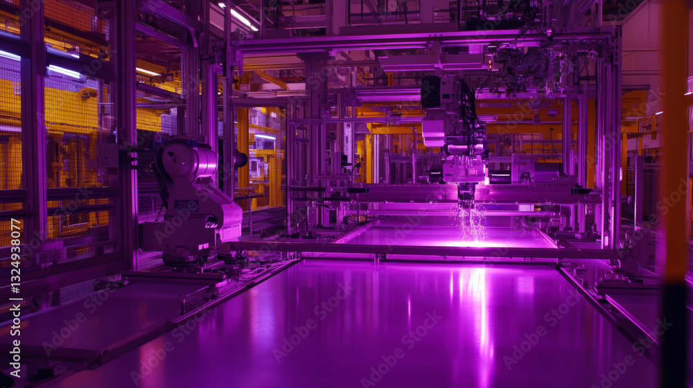 Poster robot welder in automobile industry. white robots welding car body on automobile factory. the robots