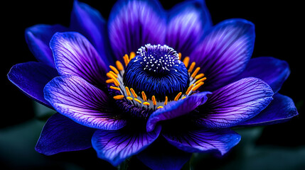 Stunning Close-Up of a Vibrant Purple Water Lily with Intricate Petals and Bright Yellow Stamen Against a Dark Background