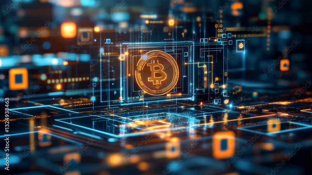 Poster mining blockchain concept illustration. digital crypto currency abstract background. fintech technol