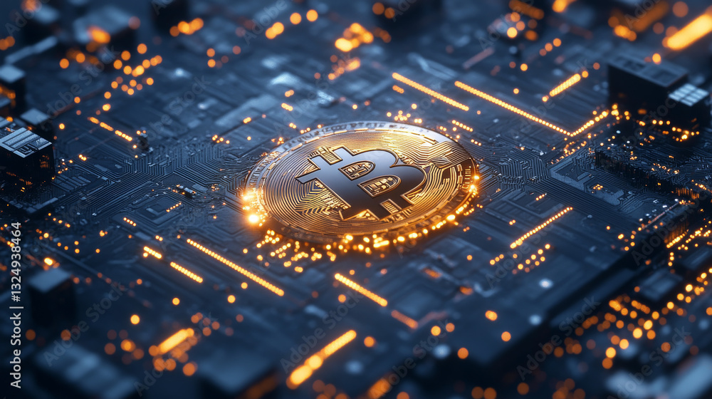 Poster mining blockchain concept illustration. digital crypto currency abstract background. fintech technol