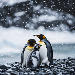 Fototapeta premium A family of penguins huddling on an icy shore