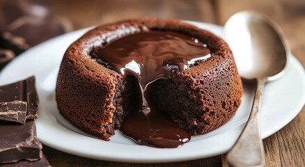 Warm chocolate lava cake, a decadent dessert with a gooey center, served on a white plate. Rich, dark chocolate colors create a luxurious feel.