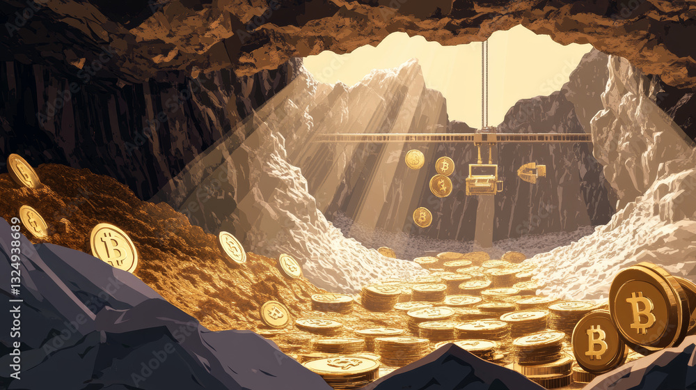 Poster mining blockchain concept illustration. digital crypto currency abstract background. fintech technol