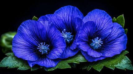 Vibrant Dark Background with Beautiful Blue Flowers and Green Leaves Displaying Natural Elegance and Decorative Appeal for Design Projects