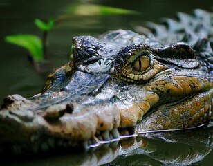 Fototapeta premium Close-up of a crocodile partially submerged in water, showcasing its textured scales, piercing yellow eyes, and sharp teeth. The image captures the predator’s intense gaze and natural camouflage. 