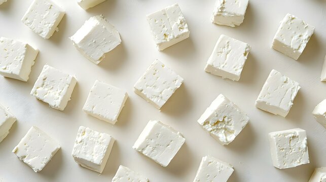 Top view of multiple cubes of fresh white feta